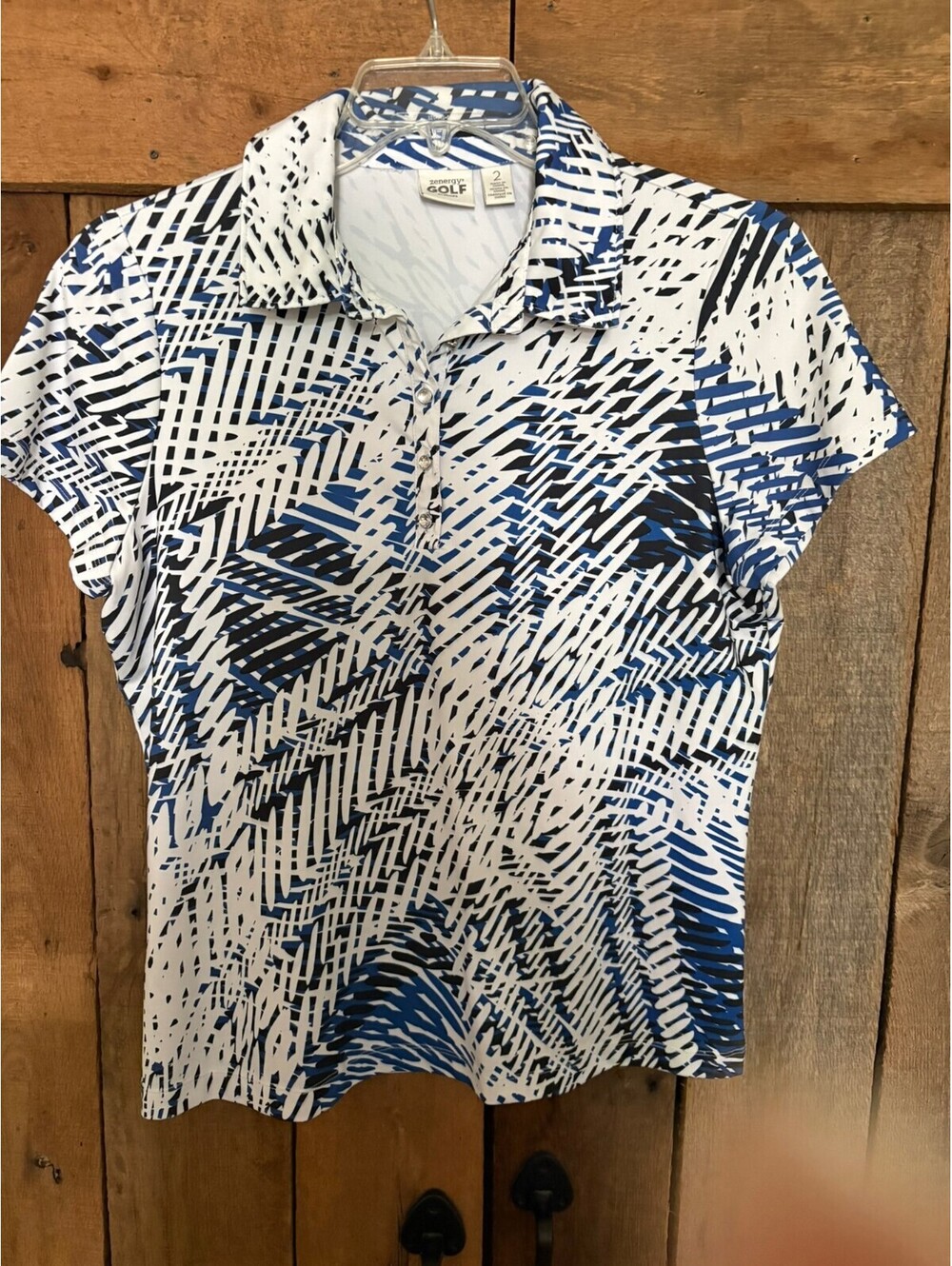 Chico's Zenergy Golf Blue Black Abstract Print Rhinestone Polo Top Size 2 Large